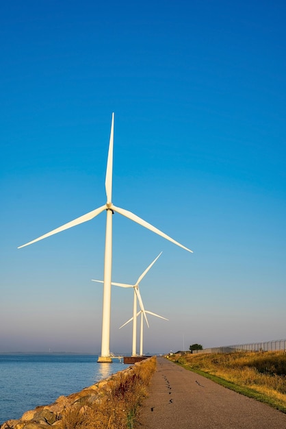 Vista aérea das turbinas eólicas. Geração de energia de energia ecológica verde. Campo ecológico do parque eólico. Energia ecológica de parques eólicos offshore e onshore no mar.