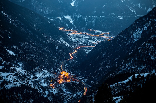 Vista aérea, de, andorra, em, pôr do sol