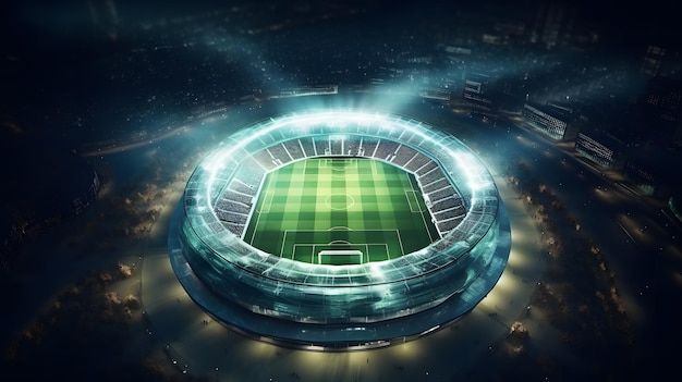 Vista aérea de ângulo superior do estádio de futebol imaginário