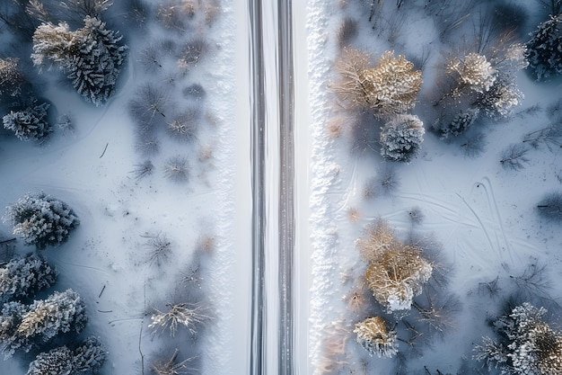 Vista aérea de árvores cobertas de neve