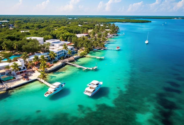 Vista aérea de barcos ao longo da costa da Lagoa de Bacalar