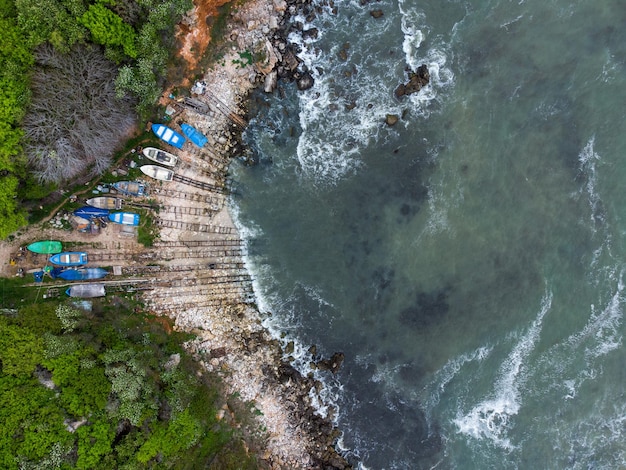 Vista aérea de barcos tradicionais de um pescador Bulgária Mar Negro