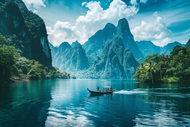 Foto vista aérea de belas montanhas na barragem de ratchaprapha, no parque nacional de khao sok