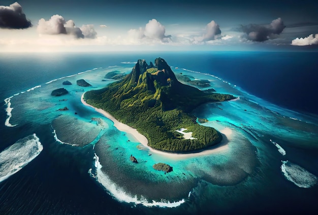 Vista aérea de Bora Bora da ilha drone na Polinésia Francesa Praia de areia branca e montanha Palmeiras e lagoa azul Generative Ai Art