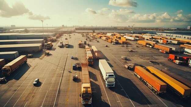 Foto vista aérea de caminhões carregando no centro de logística