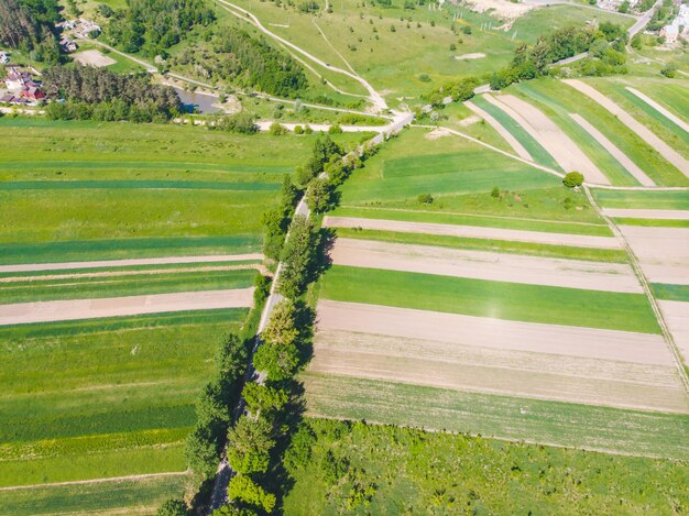 Vista aérea de campos com vila perto dela