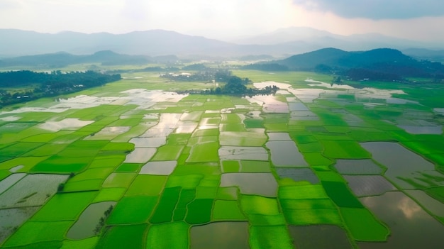 Vista aérea de campos de arroz orientais, paisagem surreal de cultivo de arroz, aviões e plantações verdes asiáticos Ilustrador AI generativo