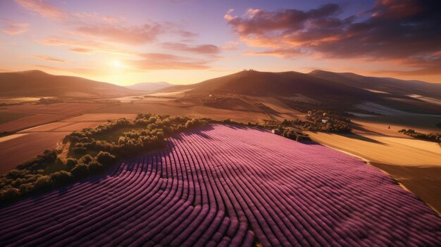 Vista aérea de campos de lavanda França ao nascer do sol Gerar Ai