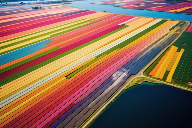 Vista aérea de campos de tulipas coloridos na AI geradora de primavera