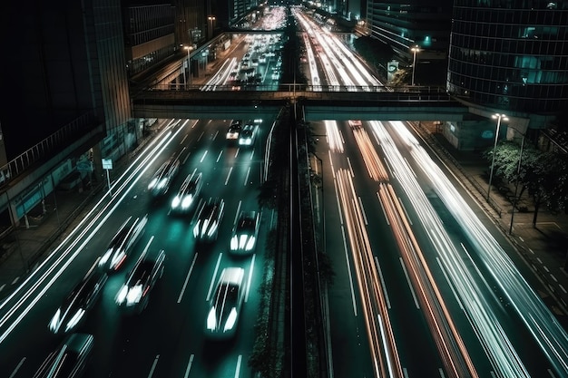 Vista aérea de carros em alta velocidade pelas ruas da cidade