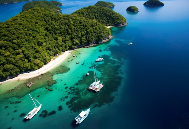 Vista aérea de catamarãs navegando ao longo da costa