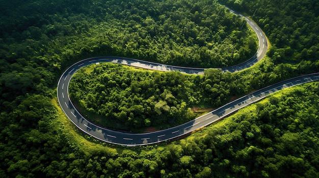 Vista aérea de cima bela estrada curva na floresta verde na estação chuvosa