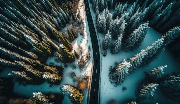 Vista aérea de cima da estrada de asfalto através da floresta de inverno, árvore de cobertura de neve branca Generative AI