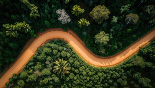 Vista aérea de cima da estrada de asfalto através da floresta verde, ambiente de floresta tropical saudável Generative AI