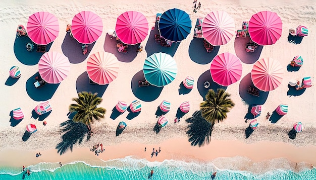 Vista aérea de cima da multidão de pessoas relaxando na praia com guarda-chuvas coloridos e mar turquesa generativo ai