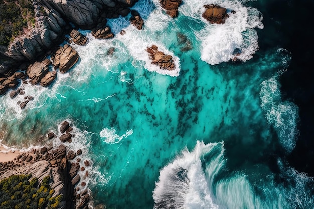 Vista aérea de cima das ondas do mar turquesa e fantástica costa rochosaFantástica ilustração mágica AI
