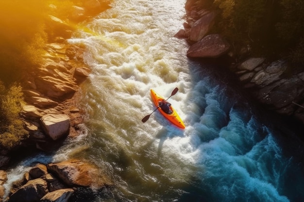 Vista aérea de cima de esportes extremos Caiaque vela rio de montanha Rafting caiaque IA generativa