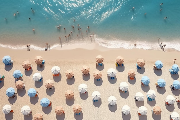 Vista aérea de cima de guarda-chuvas de praia e pessoas nadando no mar pessoas em um dia quente e ensolarado