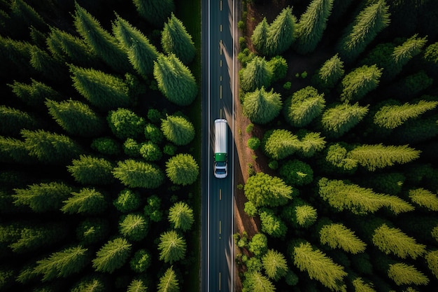 Vista aérea de cima de uma estrada de mão única em uma floresta rural vista de cima de uma rodovia