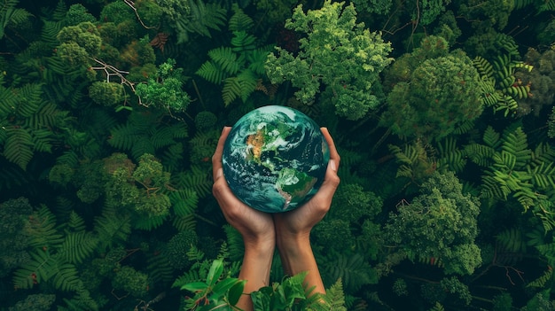 Vista aérea de cima floresta verde com terra planeta verde em suas mãos Salve a Terra