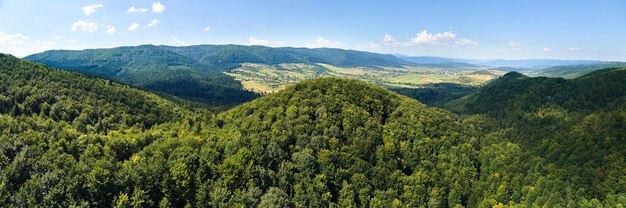 Vista aérea de colinas de montanha cobertas de densas florestas verdes e exuberantes em um brilhante dia de verão