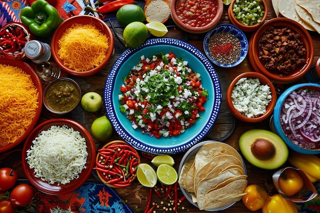 Vista aérea de deliciosa comida mexicana em uma mesa de madeira marrom
