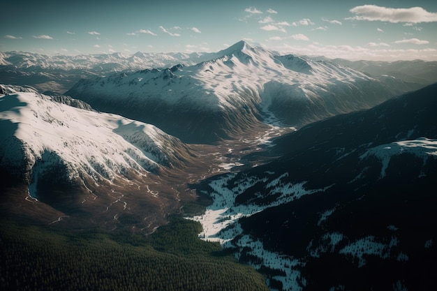 Foto vista aérea de distantes montanhas cobertas de neve e encostas arborizadas