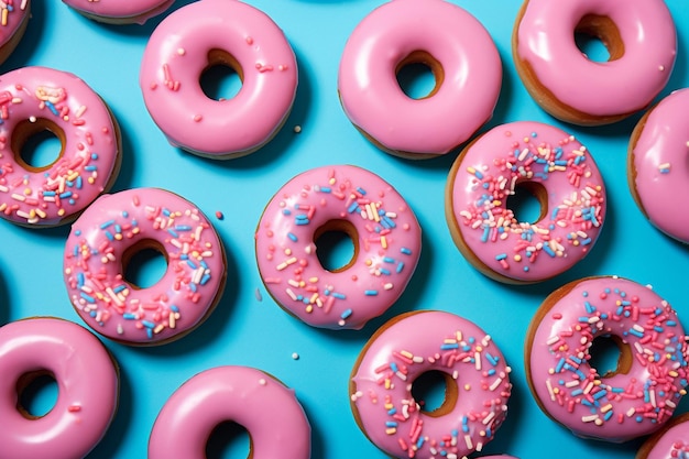 Vista aérea de donuts azuis em fundo rosa