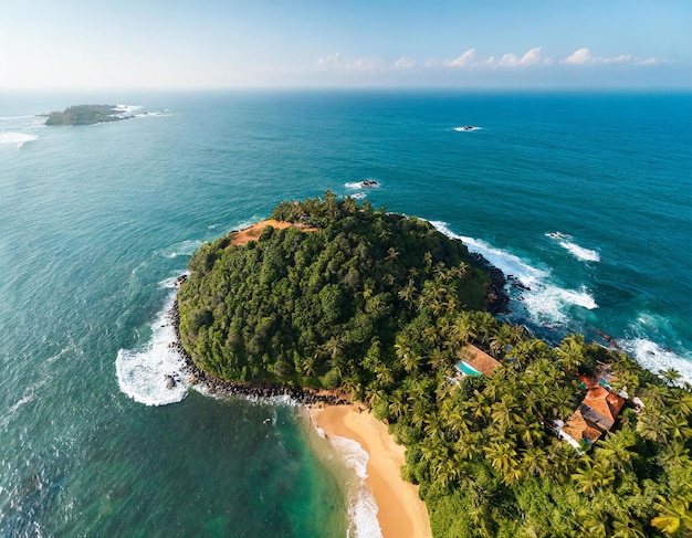 Foto vista aérea de drone da ilha de taprobane em weligama, sri lanka, famoso marco no oceano índico