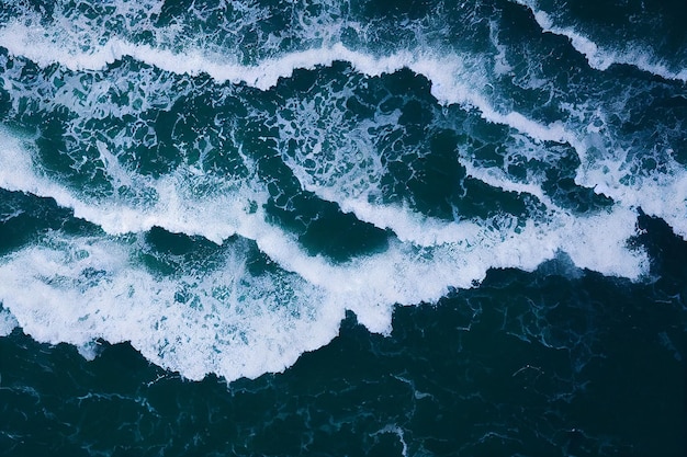 Vista aérea de drones com ondas quebrando no oceano cristalino Vista superior Água azul do mar ondulada e limpa Fundo de água azul