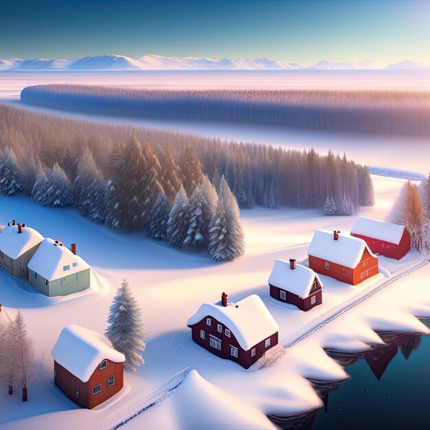 Vista aérea de drones de casas cobertas de neve ao lado de um rio congelado Arte digital