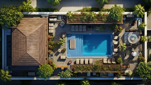 Vista aérea de drones de cima para baixo de casas modernas as piscinas e telhados parecem ser coloridos IA generativa