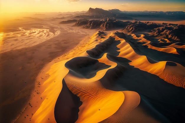 Vista aérea de dunas de areia do deserto ao pôr do sol Generative AI