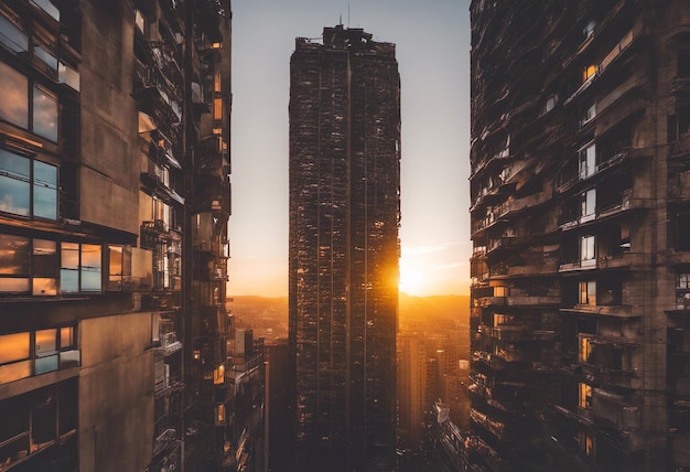 Vista aérea de edifícios ao pôr do sol