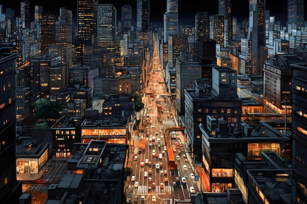 Vista aérea de edifícios de escritórios e tráfego no centro da cidade à noite