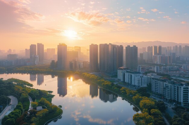 Vista aérea de edifícios modernos em Ningbo, na China