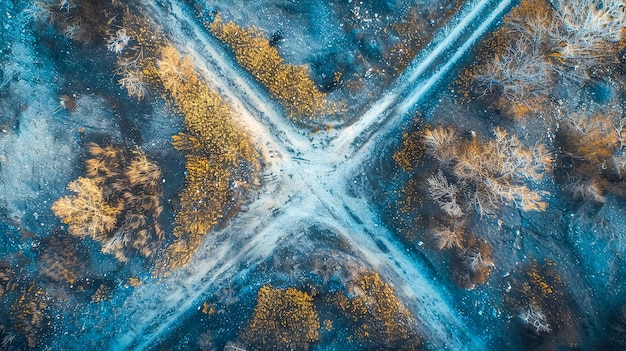 Vista aérea de encruzilhadas na floresta de outono