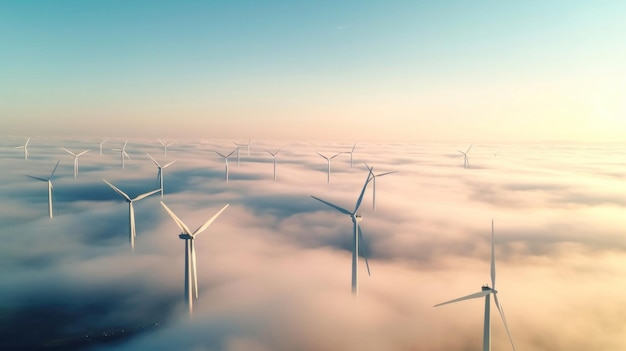 Vista aérea de energia solar e turbinas eólicas no nevoeiro