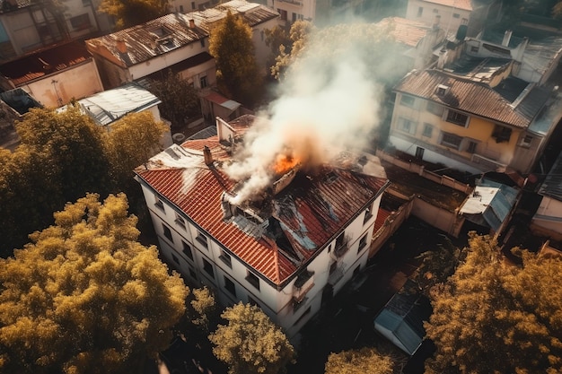 Vista aérea de extinguir o telhado da casa em chamas