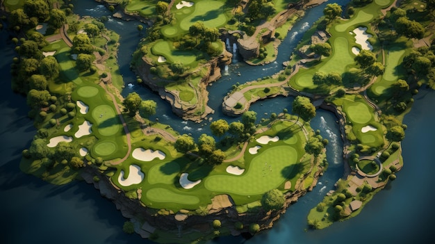 Vista aérea de fairways e greens exuberantes de um campo de golfe com bunkers e água