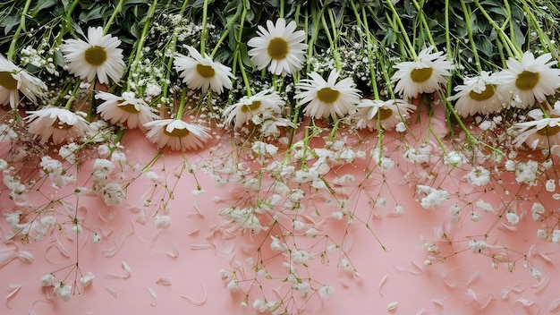 Vista aérea de flores brancas de margarida, respiração de bebês e pétalas dispostas em fundo rosa