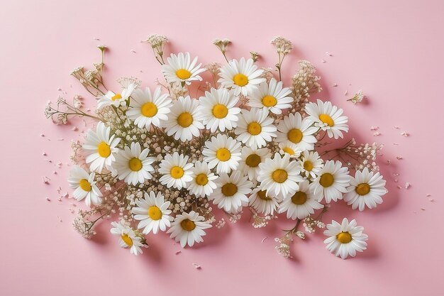 Vista aérea de flores brancas de margarida, respiração e pétalas do bebê dispostas em fundo rosa