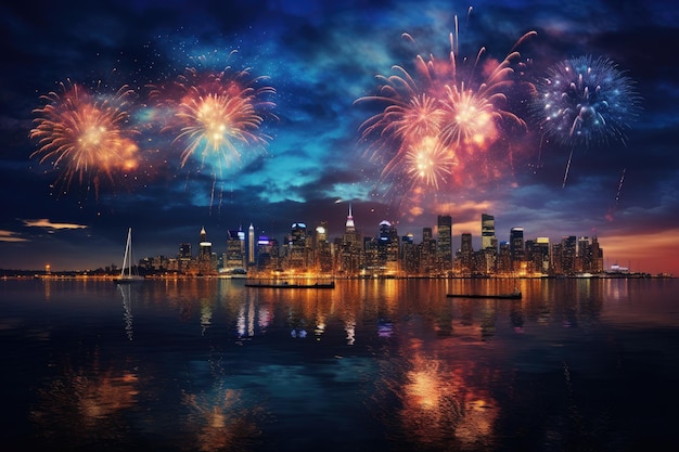 Vista aérea de fogos de artifício coloridos sobre um lago ou rio em uma noite de verão Fogos de artifícios refletem-se da água