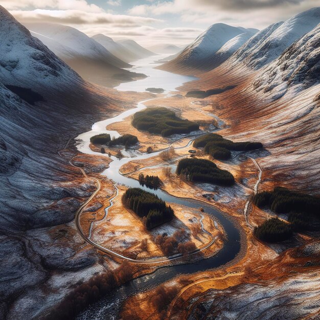 Vista aérea de glen etive no inverno perto de glencoe na região de argyll das Terras Altas da Escócia