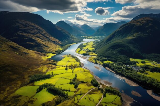 Vista aérea de Glencoe, Escócia, Reino Unido, Europa Vista aérea de Glenncoe e das montanhas circundantes geradas por Ai