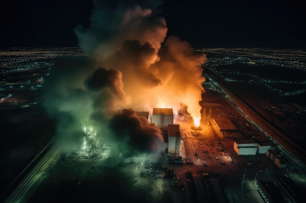Vista aérea de grande explosão e incêndio na usina Generative AI