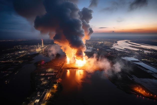 Vista aérea de grande explosão e incêndio na usina Generative AI