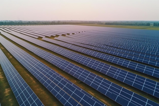 Vista aérea de grande usina elétrica com muitas fileiras de painéis solares fotovoltaicos