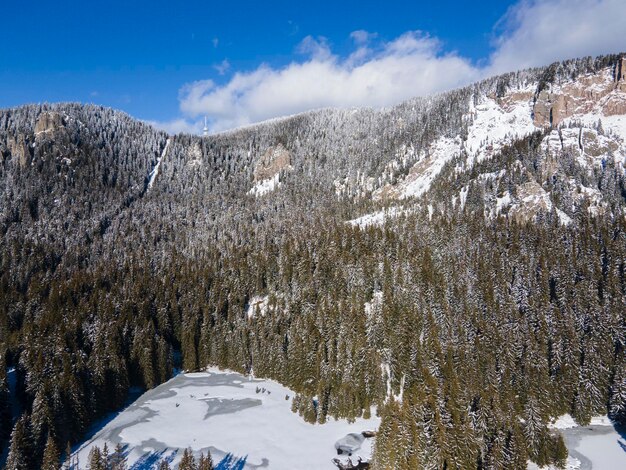 Foto vista aérea de inverno das montanhas rodopes em torno de pamporovo, bulgária