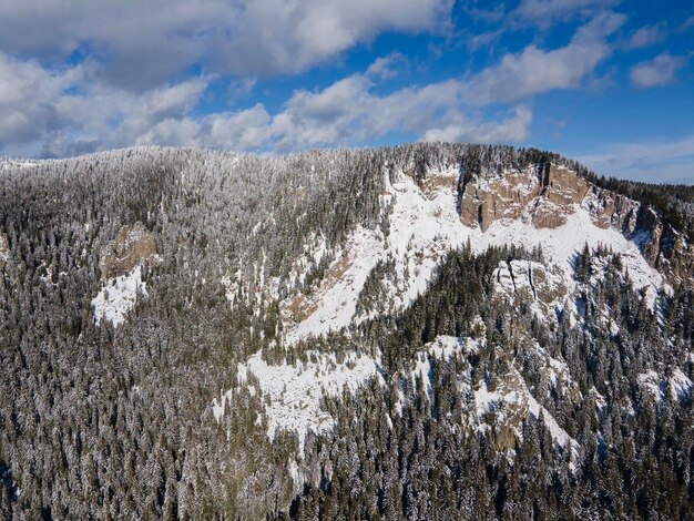 Foto vista aérea de inverno das montanhas rodopes em torno de pamporovo, bulgária